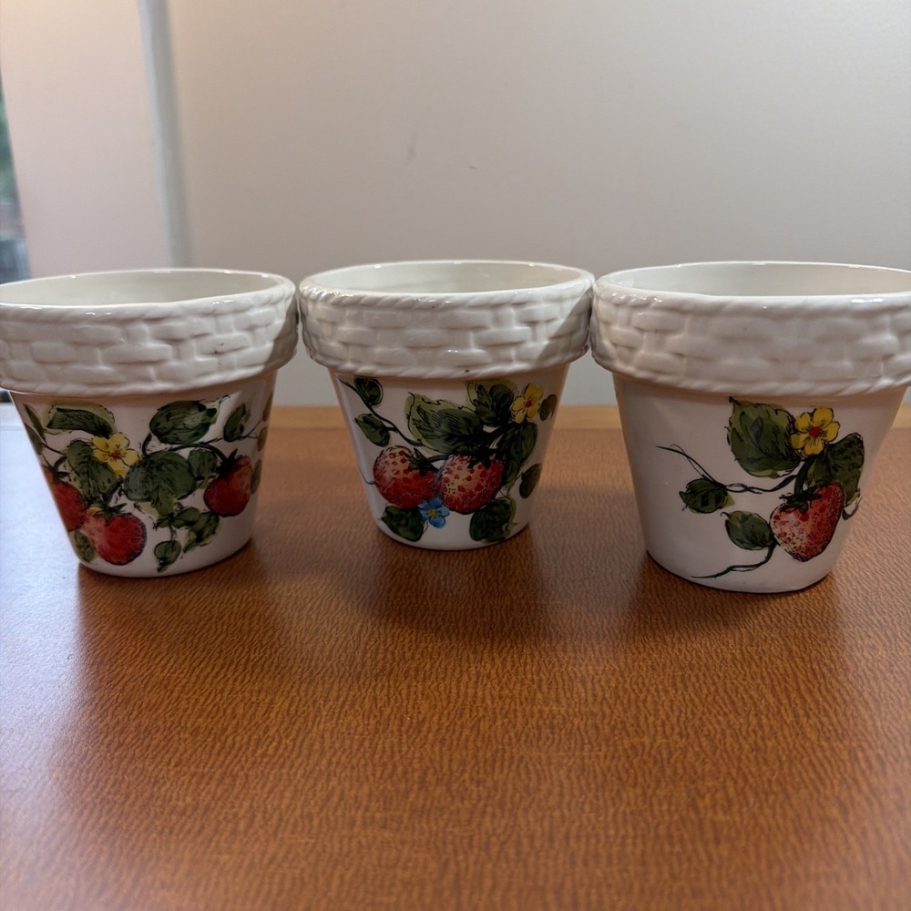 Set Of 3 Strawberry Basket Style Plant Pots 4" Basket Weave Rim